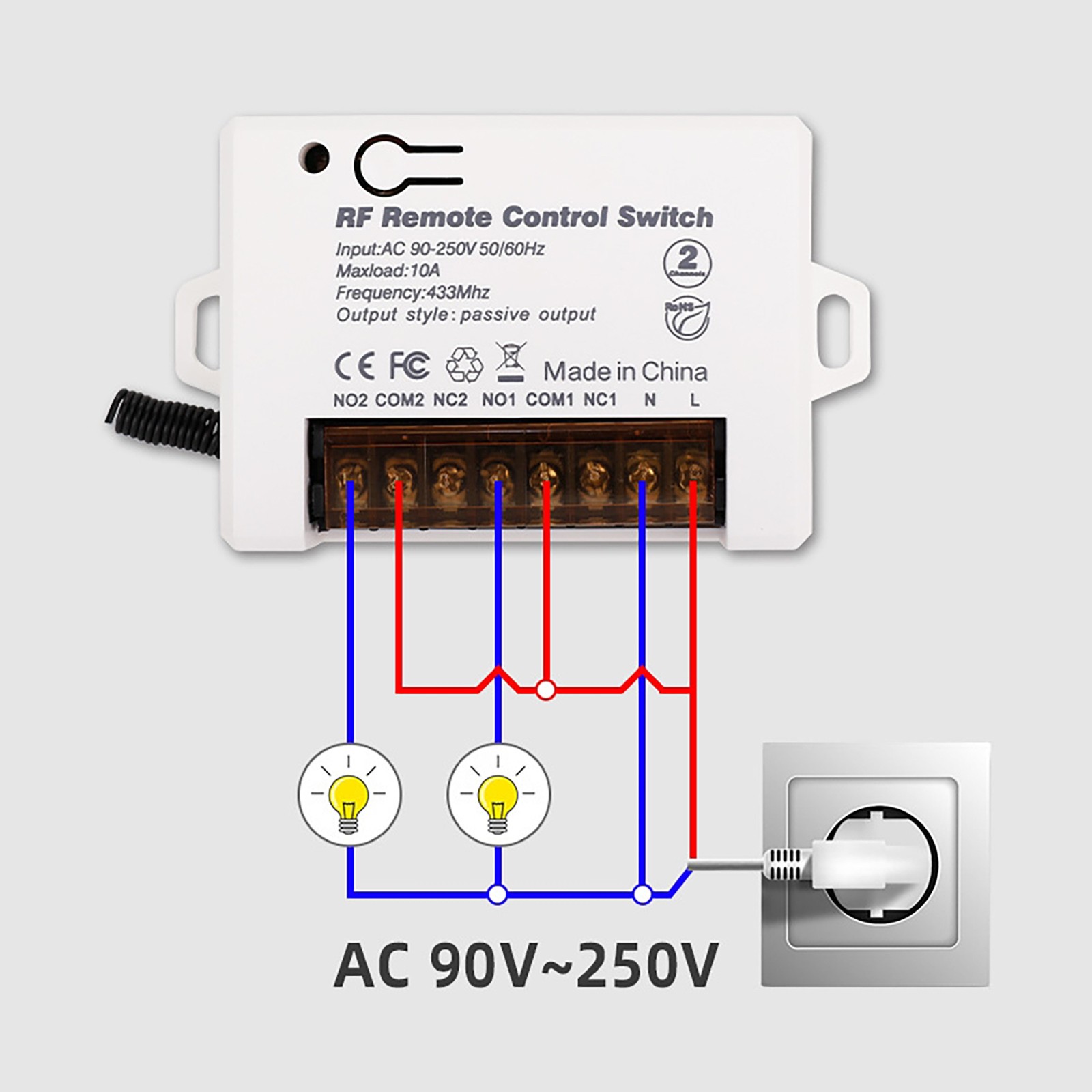 2Ch Relay Receiver Wireless Remote Control Switch for Garage/Gate 110V 220V.