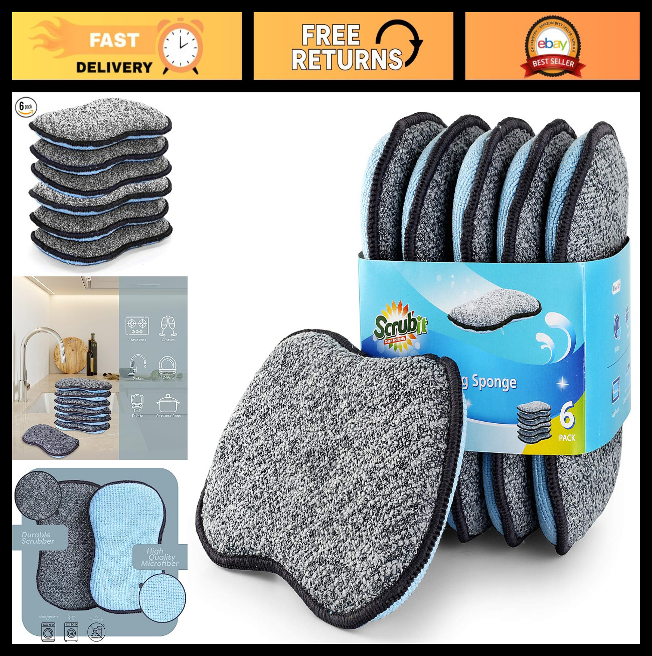 Multi-Purpose Non-Scratch Microfiber Scrub Sponges - Heavy Duty Cleaning (6 Pack