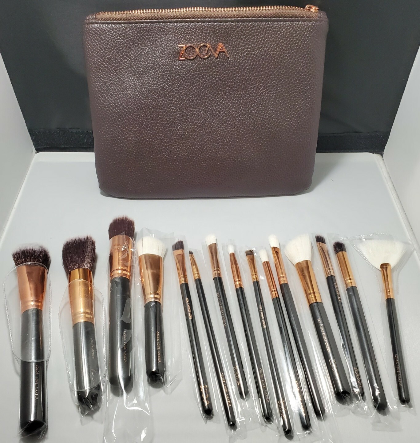 15pcs COSMETIC Makeup Brushes Set & POUCH DARK BROWN COLOR