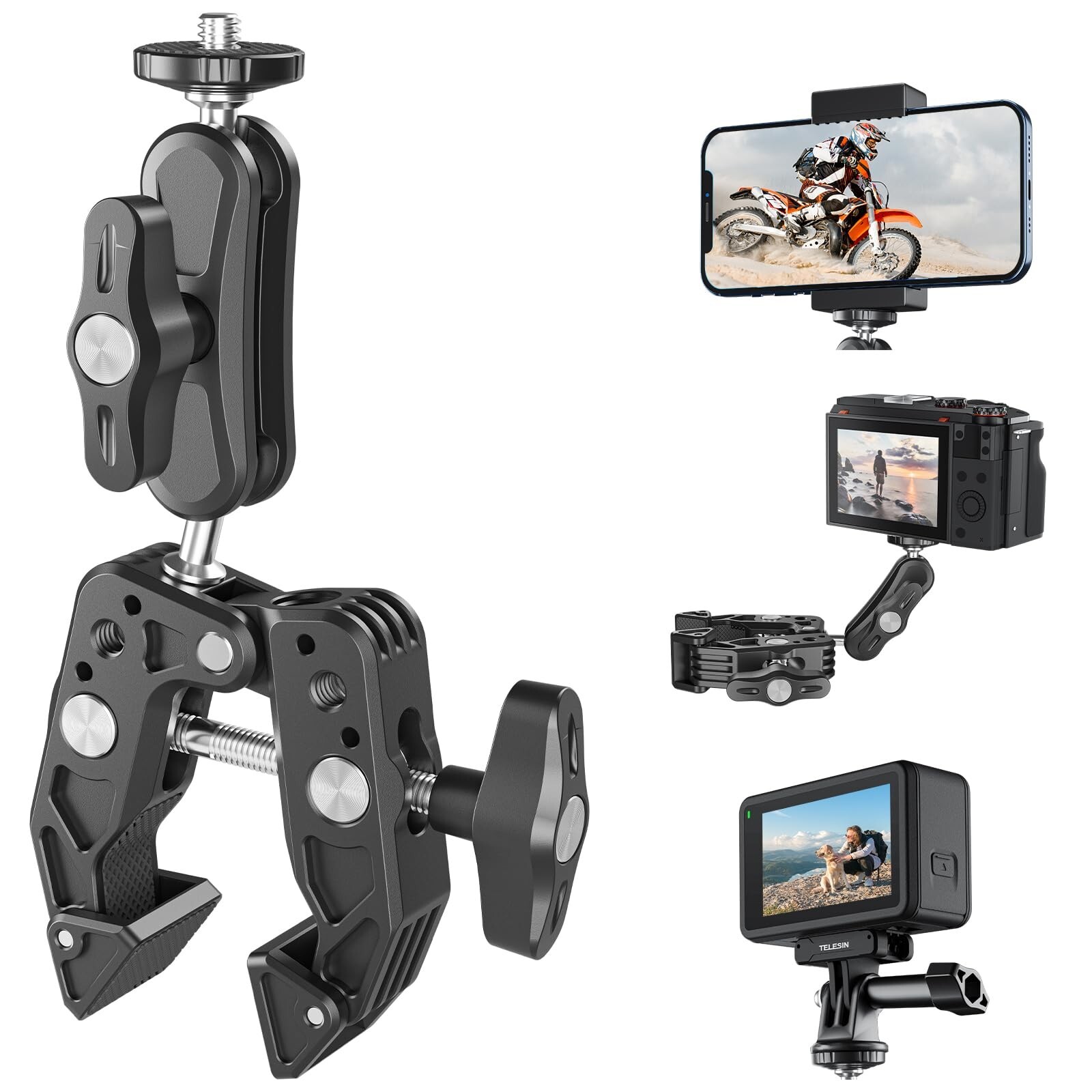 TELESIN Super Clamp Camera Mount w/ 360 Ball Head 1/4" 3/8" Port for GoPro 13 12