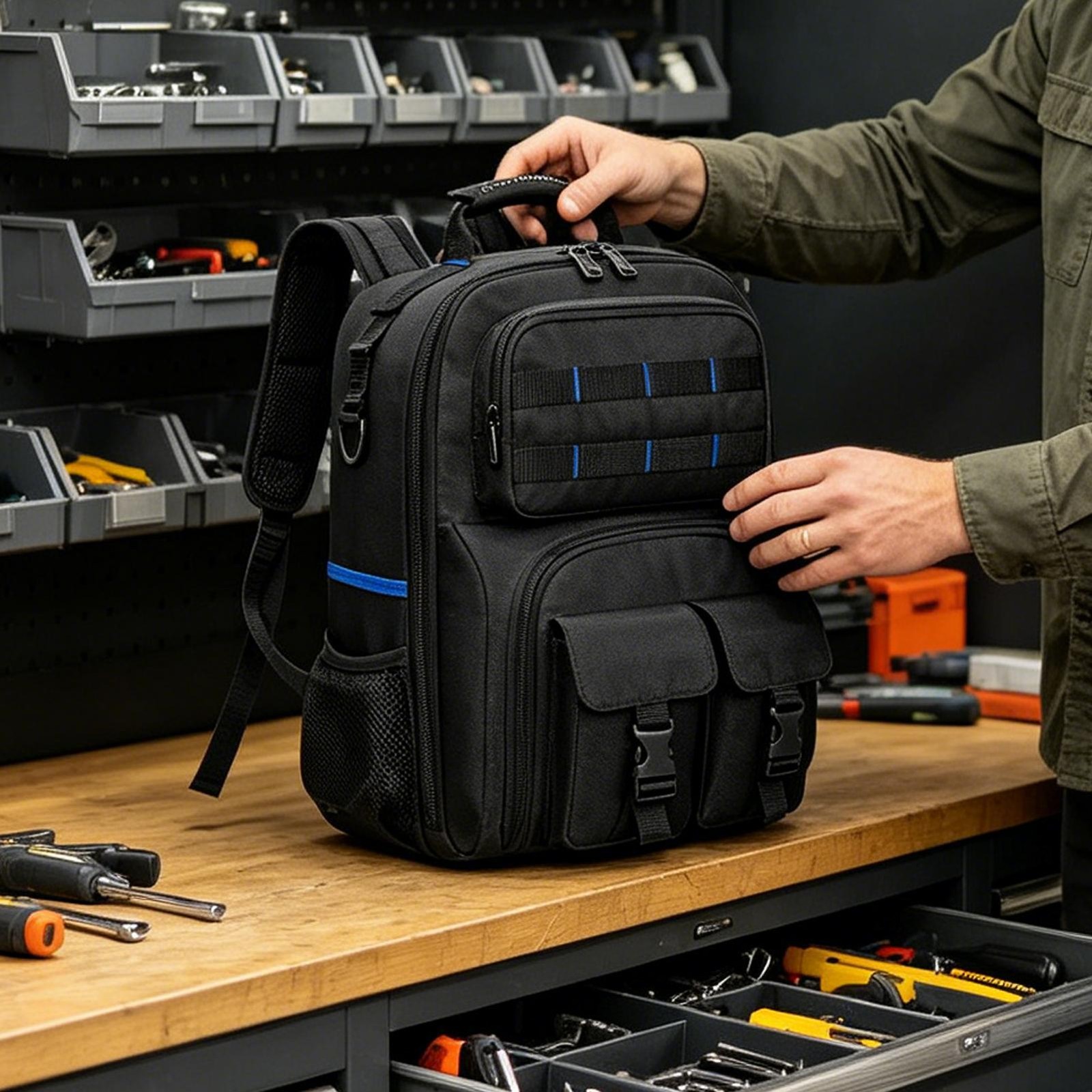 Heavy Duty Tool Backpack for Men – Multi-Pocket Work Bag for Electricians & Tech