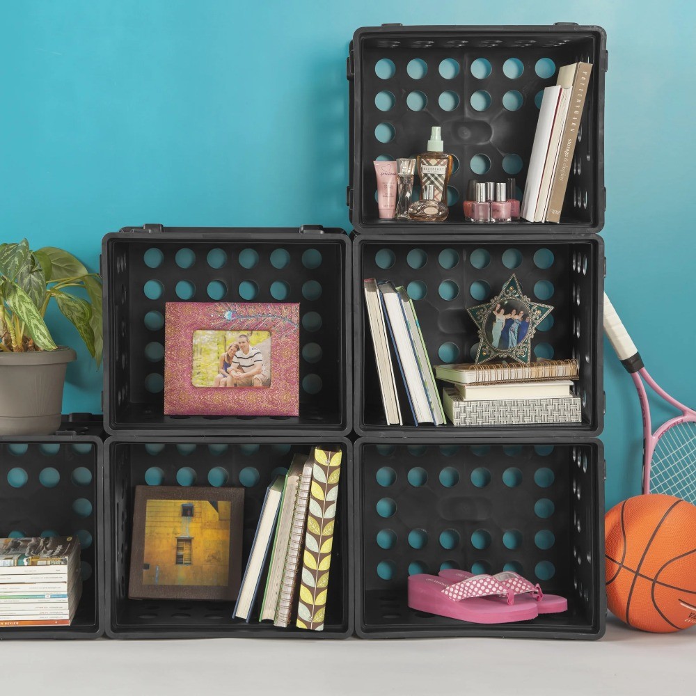 (6 pack) File Crate, Versatile Plastic Storage Bin with Through Handles