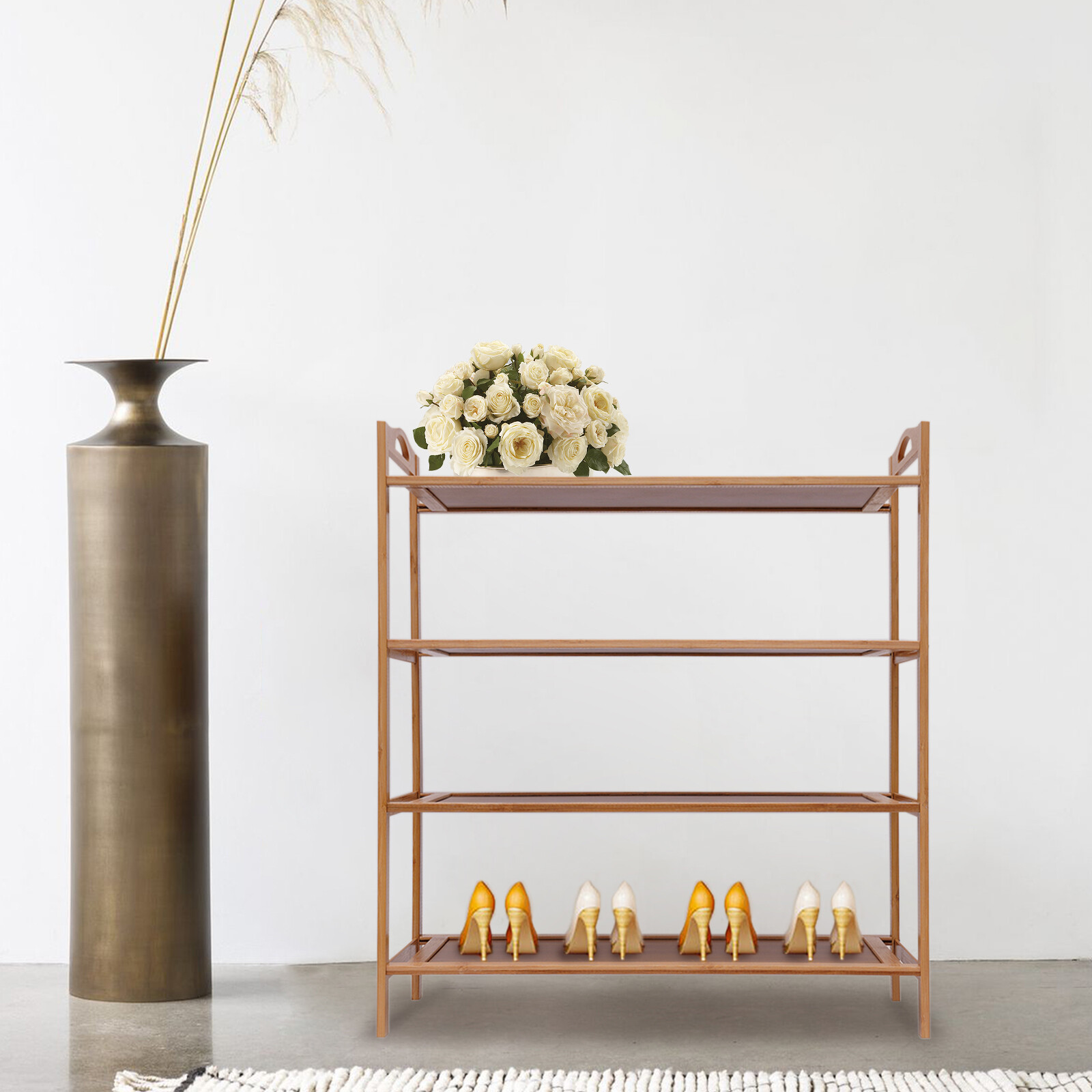New Durable Bamboo Shelf Tier 4 Wood Home Furniture Entryway Storage Rack Shoe