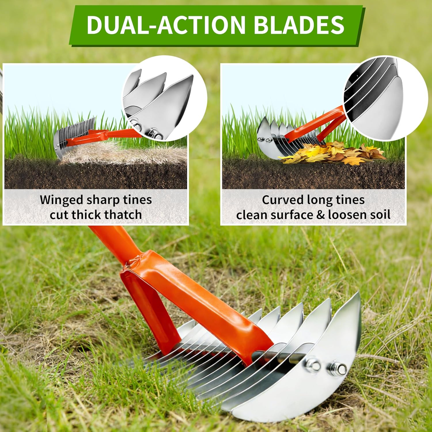 Thatch Rake for Lawn,15" Dethatcher Rake,Heavy-Duty Metal Thatching Rake,68" Adj