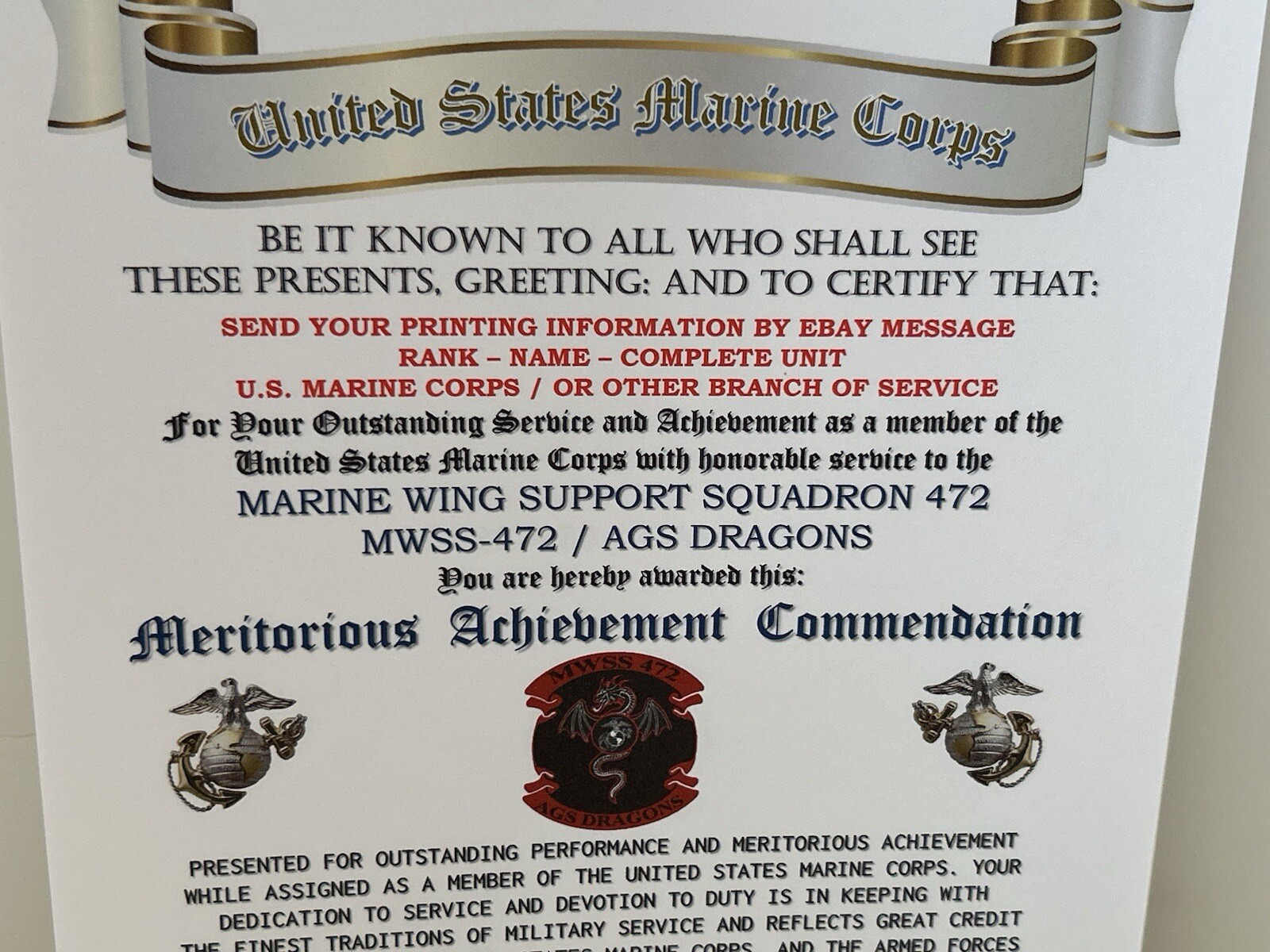 U.S.M.C. / 472ND WING SUPPORT SQUADRON / MERITORIOUS ACHIEVEMENT COMMENDATION