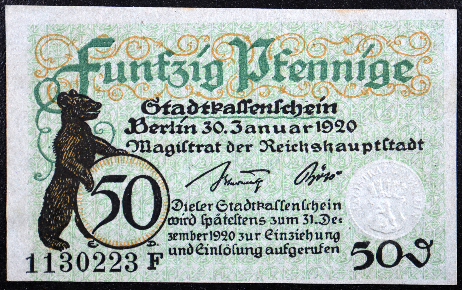 BERLIN 1920 "Berliner Bear" 50 Pfennig Complete set of one German Notgeld