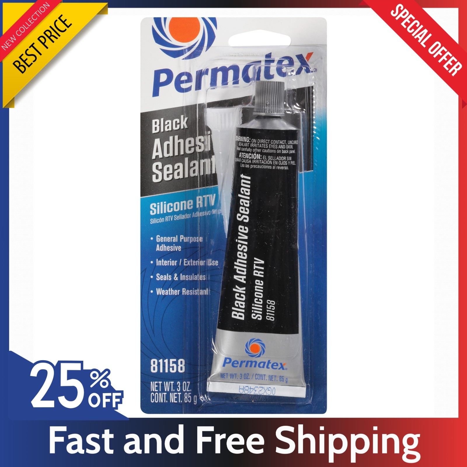 Permatex 81158 Black Silicone Adhesive Sealant 3 oz. - Waterproof Repair Tube...