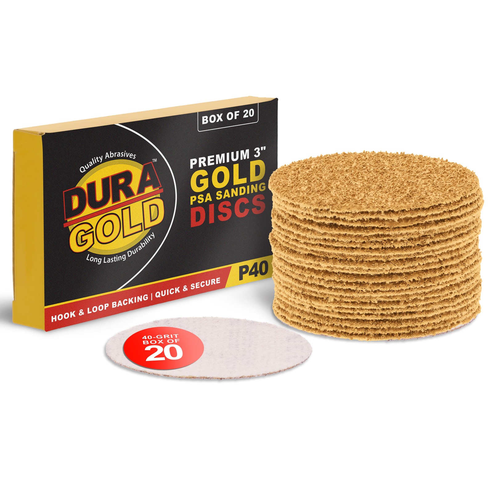 40 Grit 3" Gold Hook & Loop Sanding Discs DA Sanders - Box of 20 Sandpaper