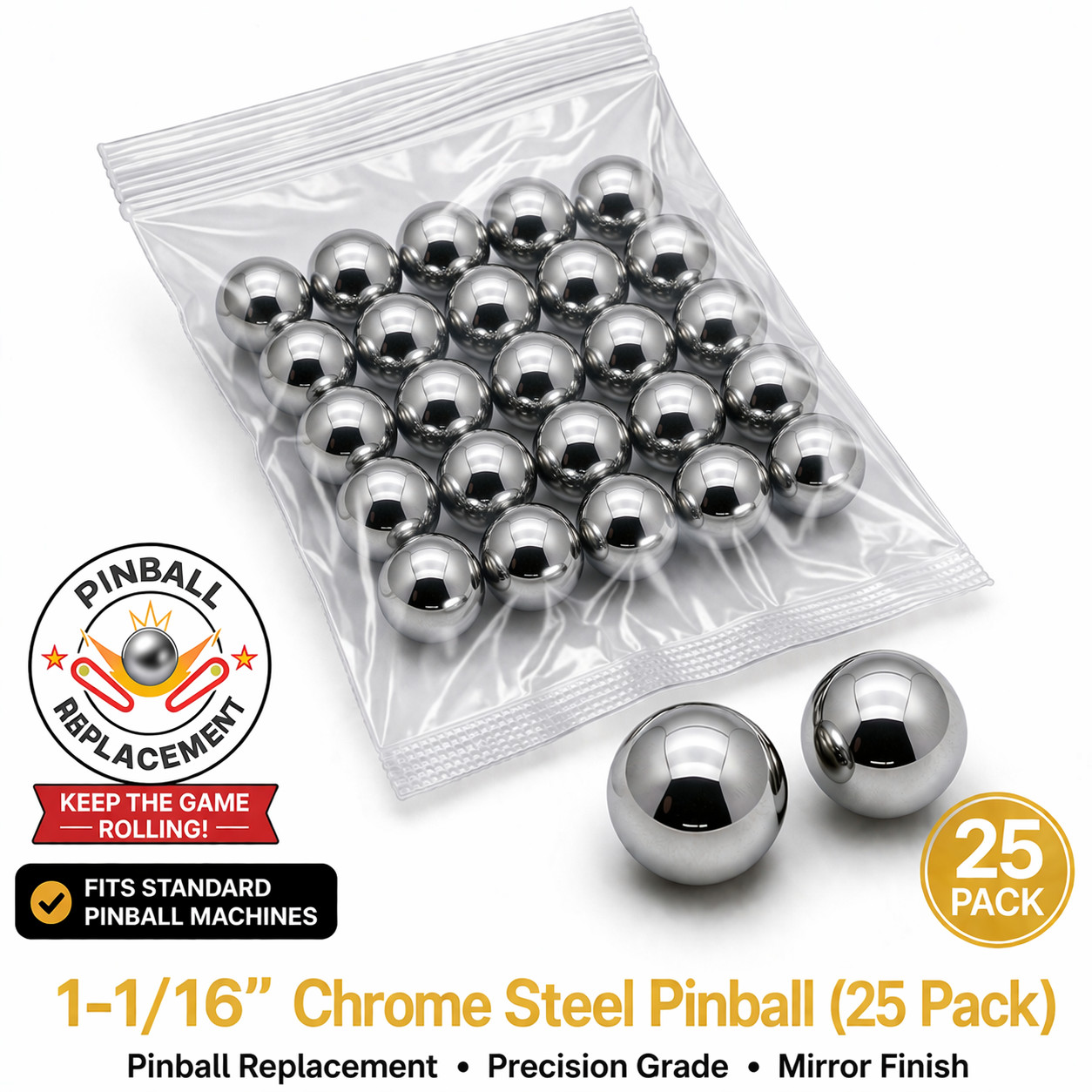 25 1-1/16" Inch Chrome Steel Replacement Pinball Machine Pinballs