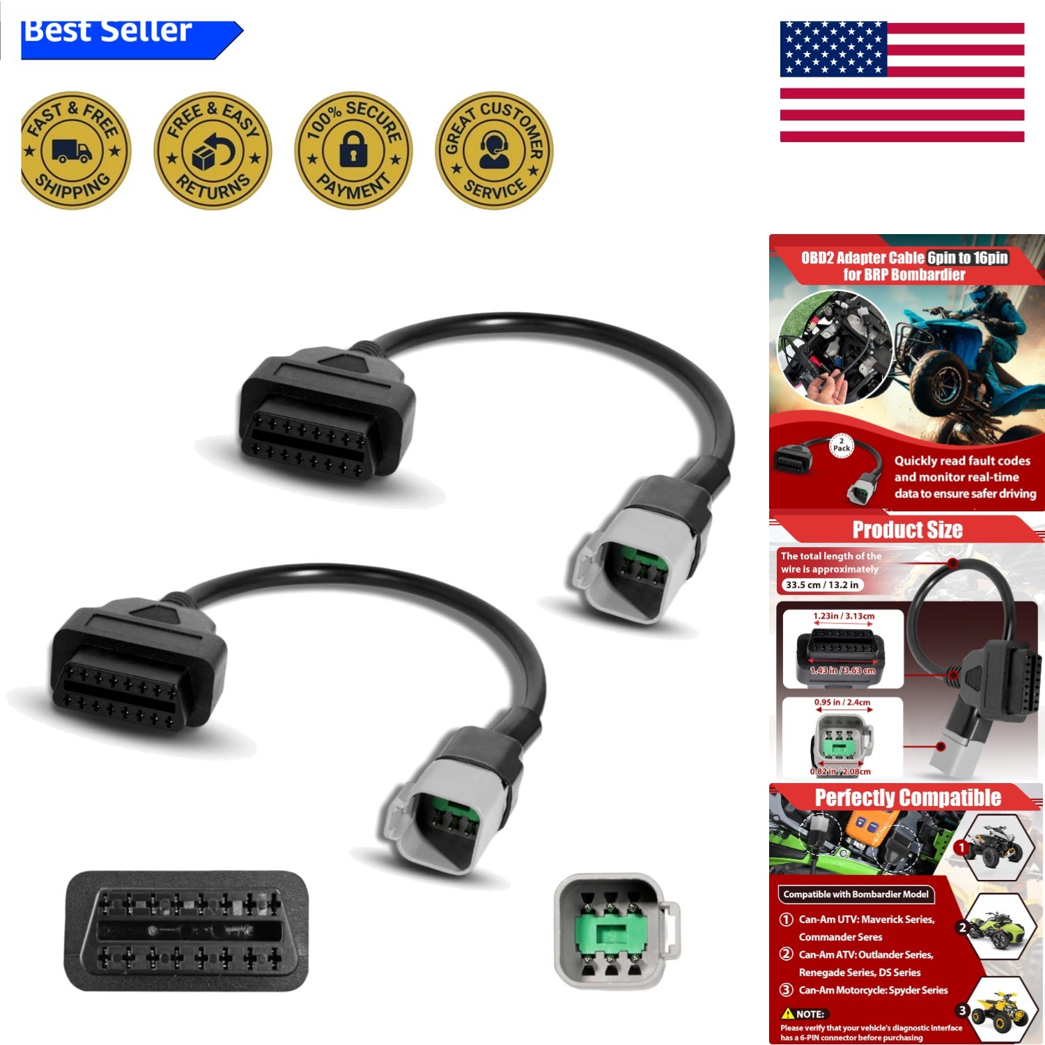 2 Pcs 6 Pin to 16 Pin Adapter for Bombardier Can-Am ATV UTV Diagnostic Scanners