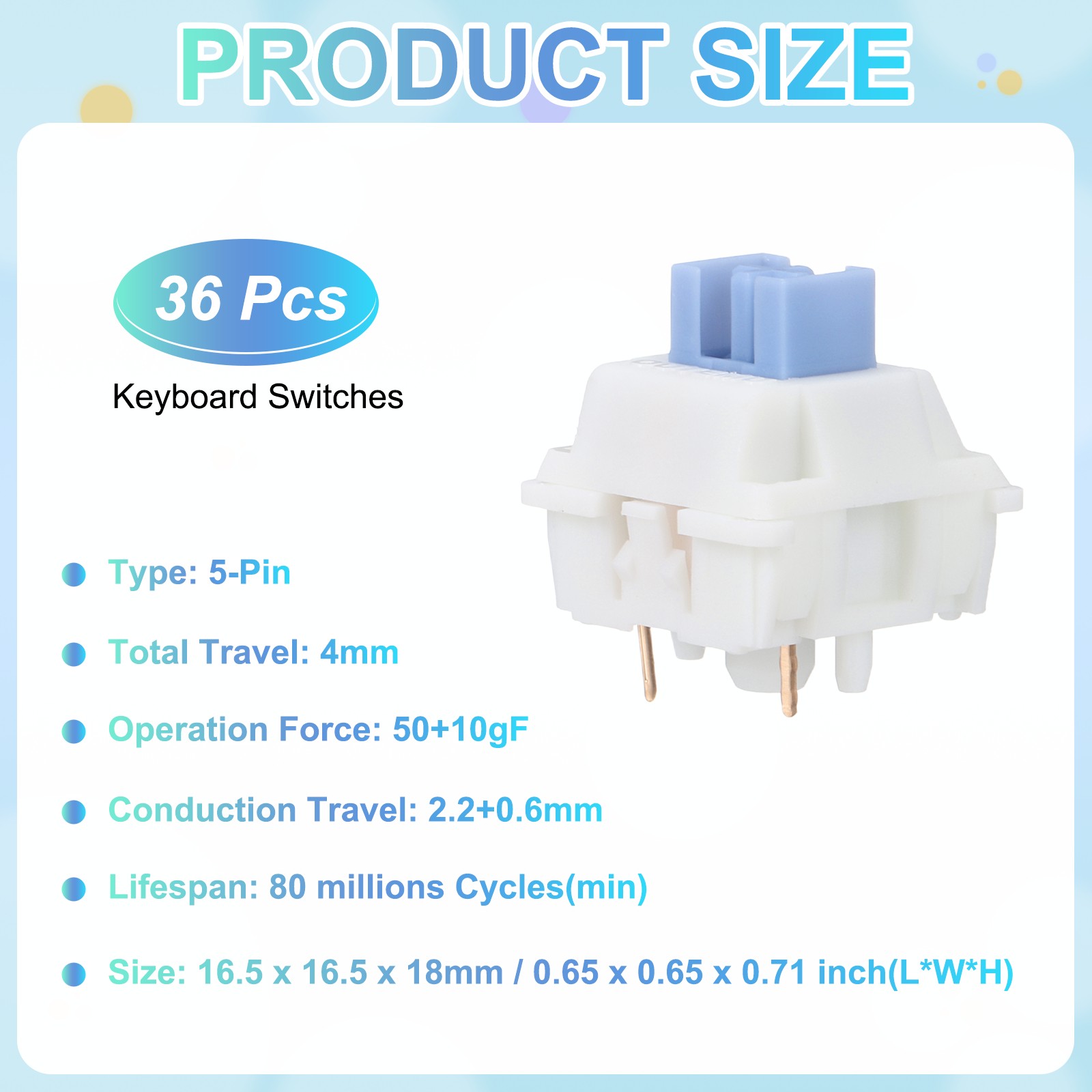 36pcs Blue Keyboard Switches 5-Pin 50gf Linear Keyboard Switch Replacement