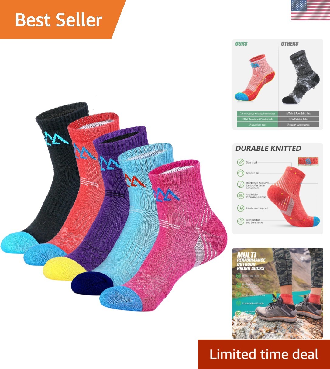 Durable Merino Wool Hiking Socks for Women - 5-Pack with Blister Prevention