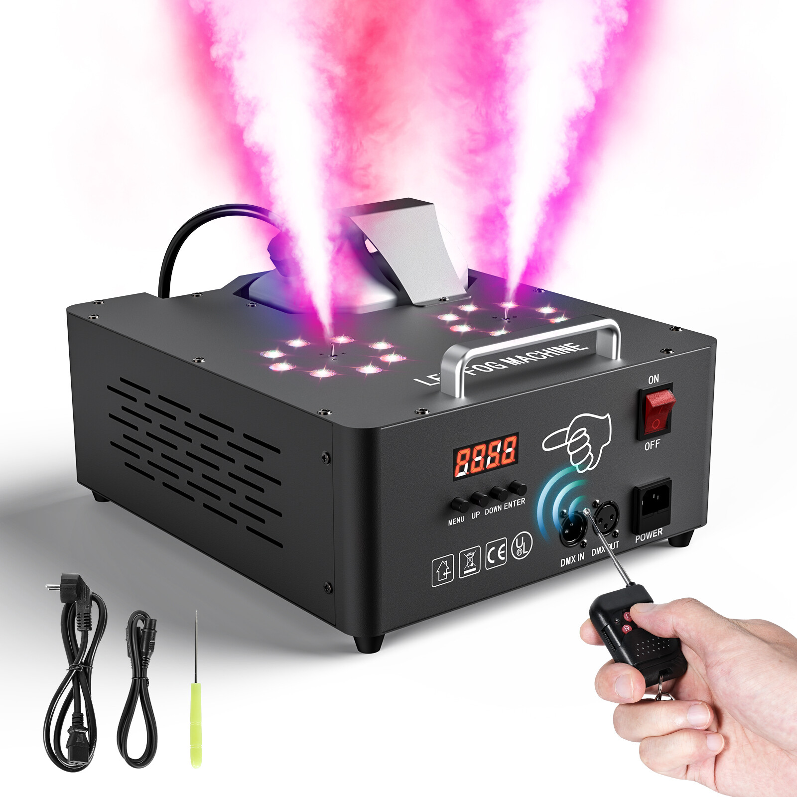 2000W Stage DJ Fog Machine with 16 RGB LED Lights DMX Vertical & Dual Spray