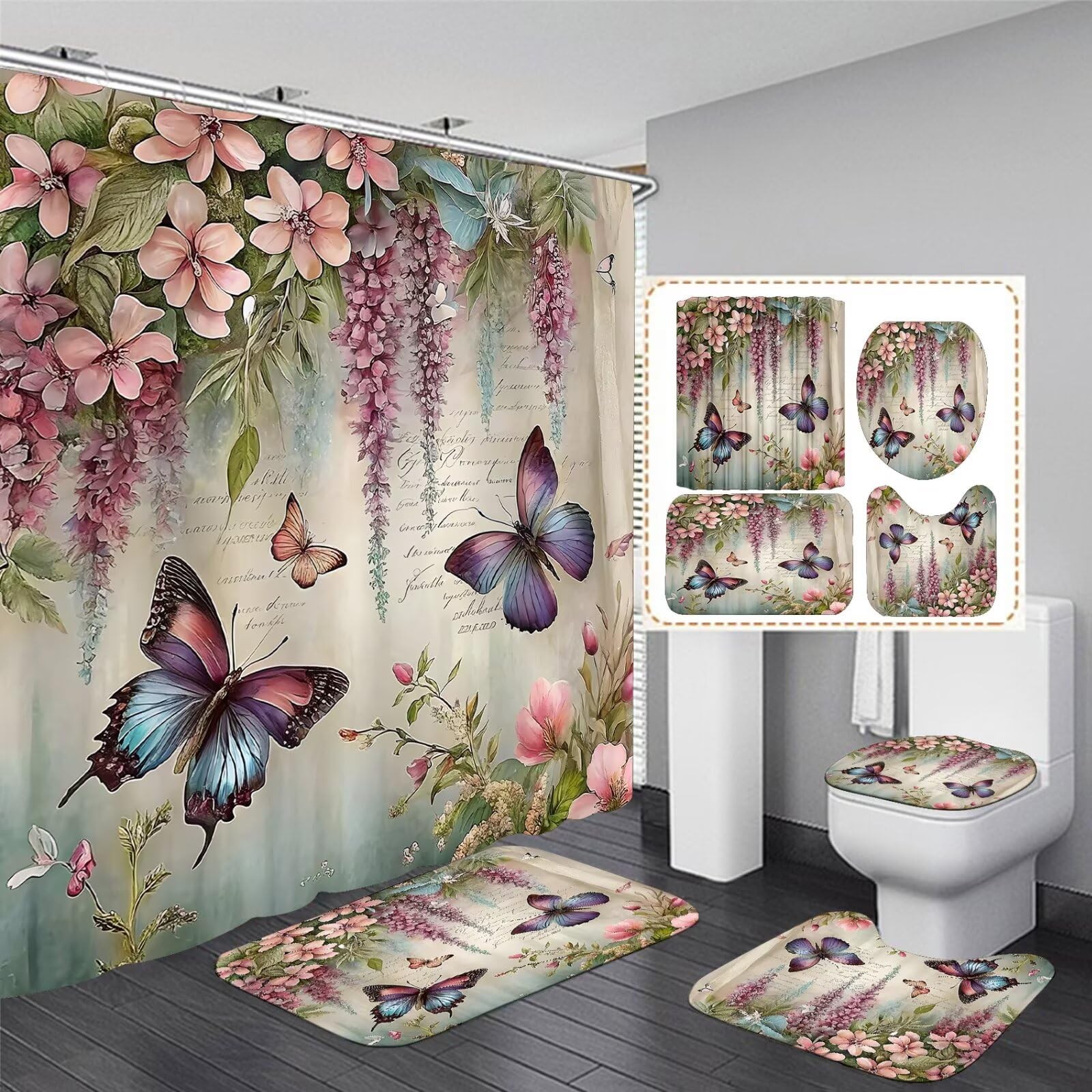 Set 4 Juego Accesorios Cortinas De Ducha Con Alfombras De Baño y Tapa De Inodoro