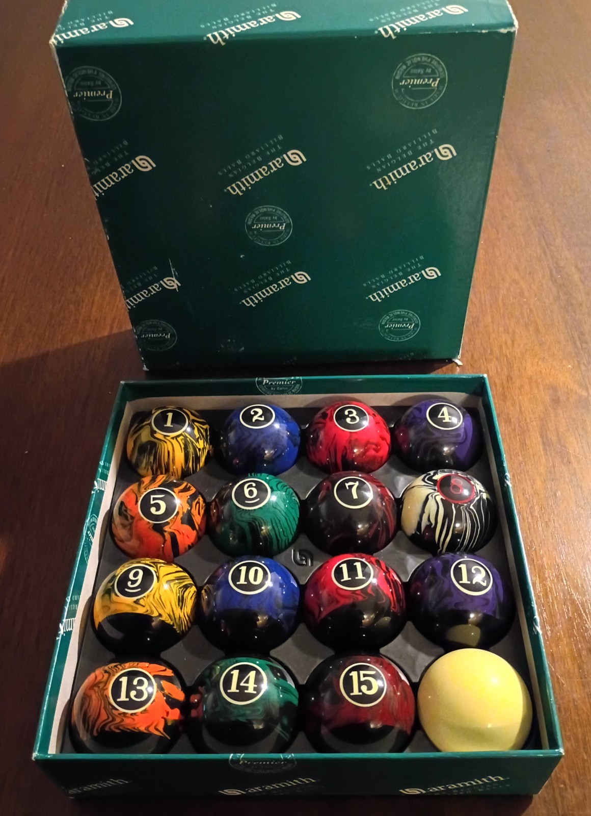 Vintage Aramith Premier Marbled Pool Balls Complete 16 Set W/ Original Box 80s 9