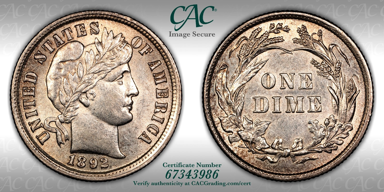 1892 Barber Dime CAC AU Details