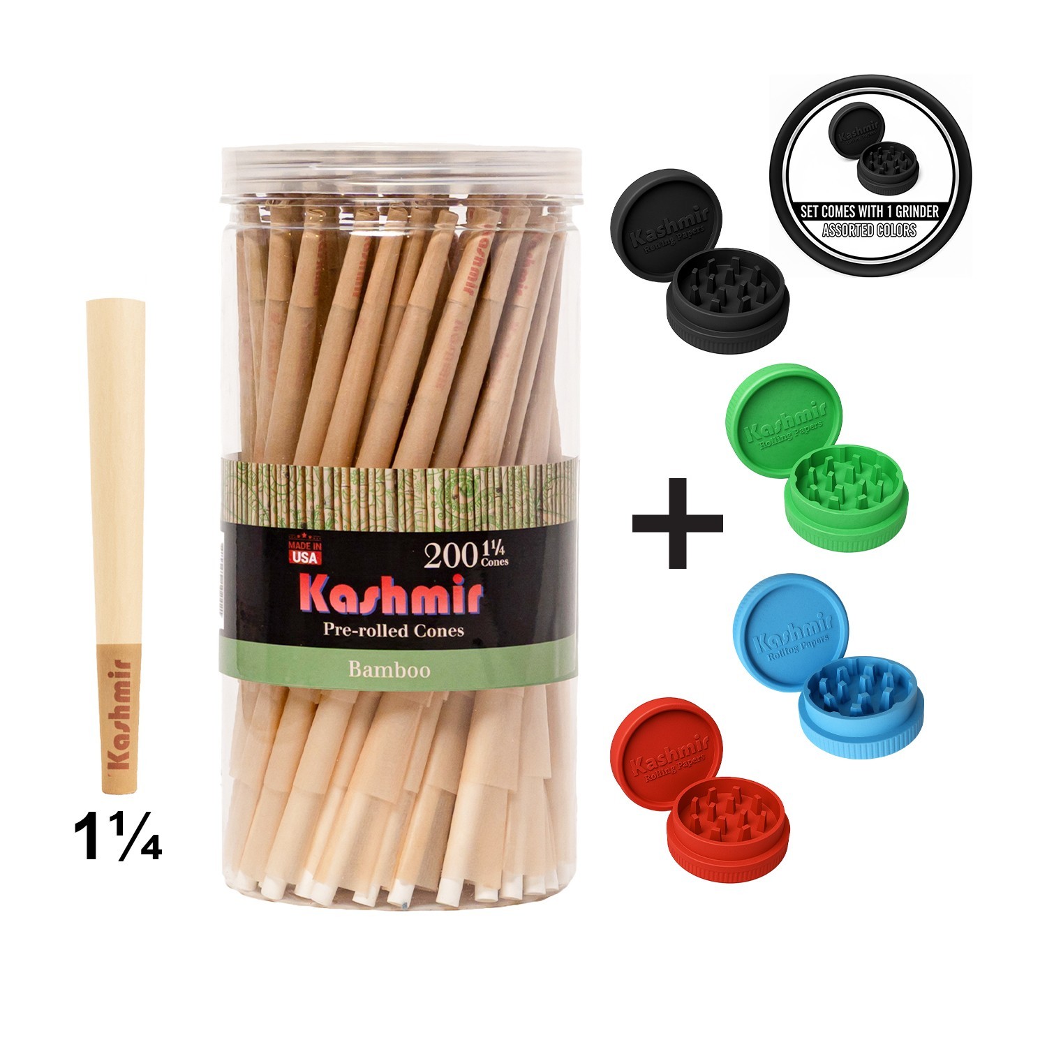 Kashmir Pre Rolled Cones 1 1/4 Size Cones Bamboo Rolling Paper Cones 200 Ct