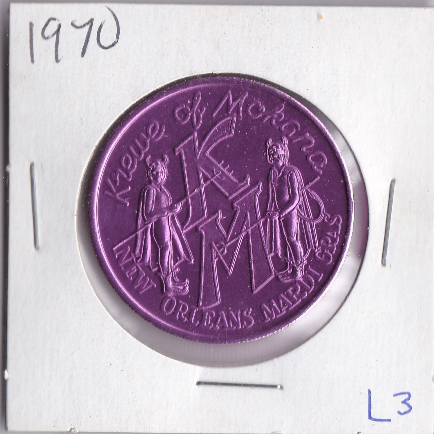1970 Mardi Gras ALUMINUM DOUBLOON  KREWE of MOKANA  NEW ORLEANS (Purple L3)