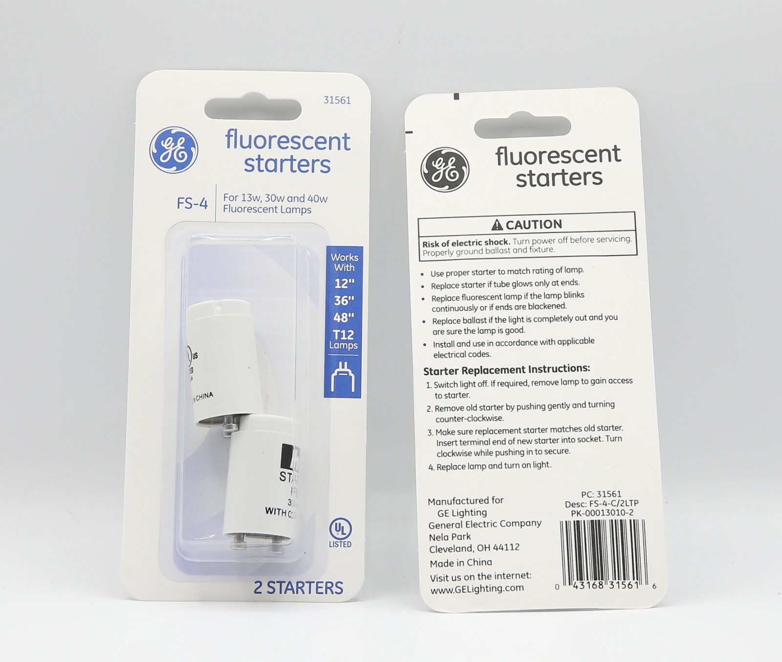 GE 31561 Fluorescent Starter, For 13, 30 & 40-Watt Lamps, 2 Pack, Quantity 2