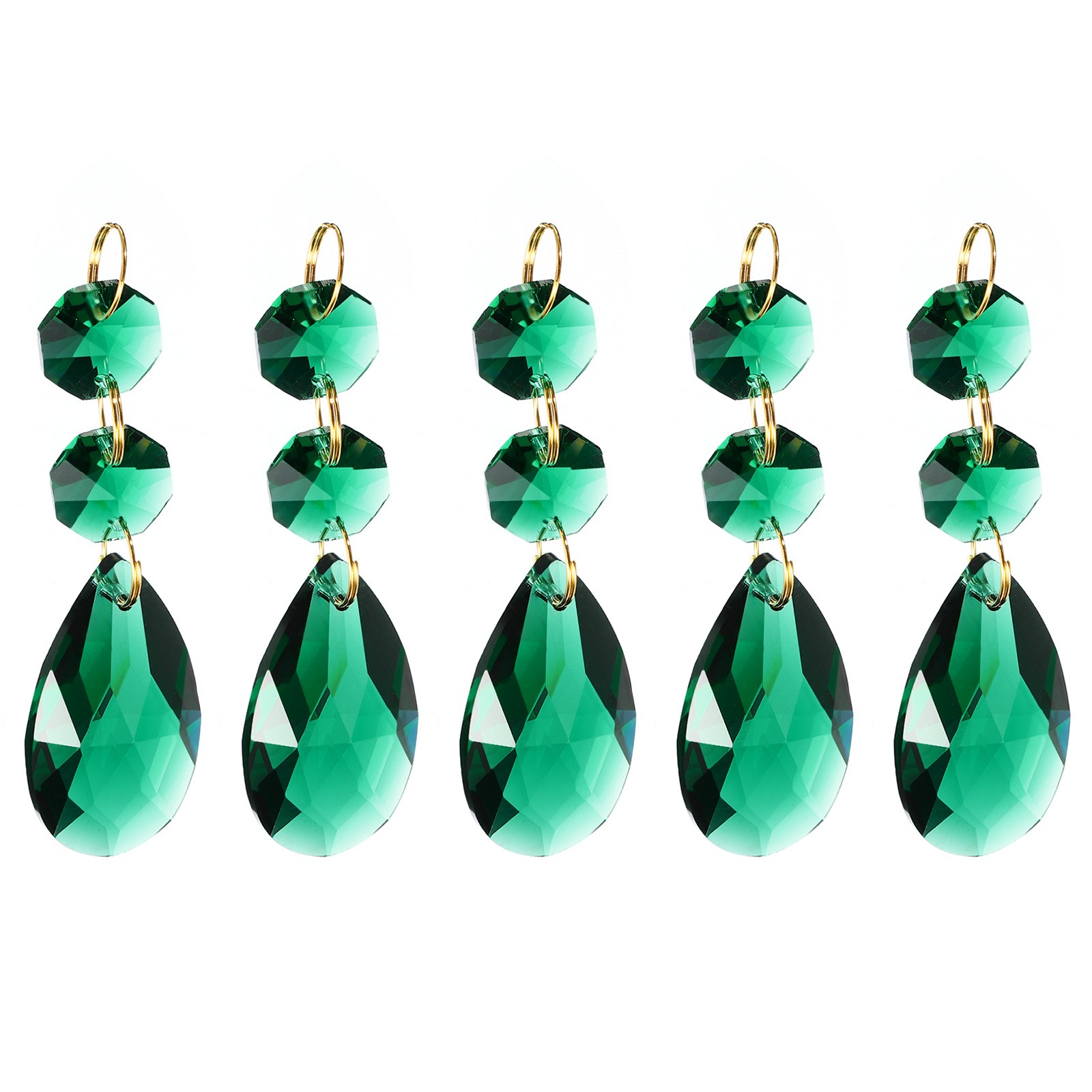 5Pcs 38mm Dark Green Crystal Teardrop w 14mm Octagonal Bead Dark Green