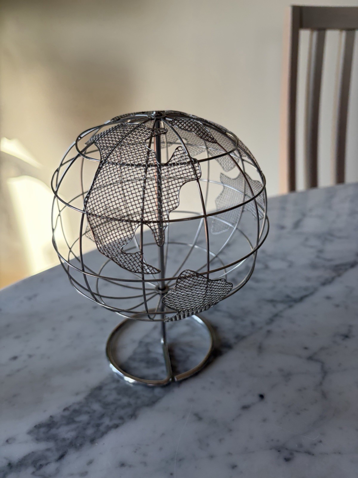Modern Silver Metal Tabletop Globe Sculpture, Rotating, Small, Freestanding