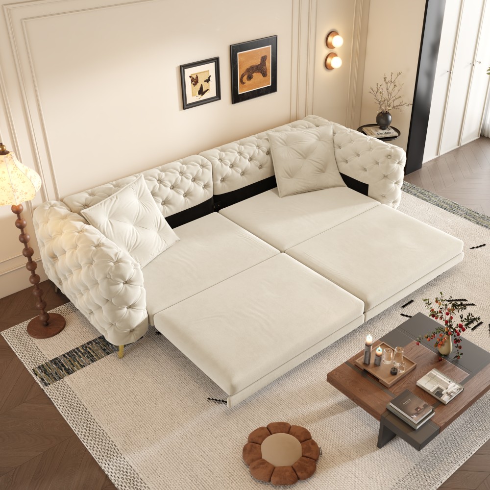 Convertible Sleeper Sofa Bed w Ottoman, Seats 4, Velvet, Beige/White