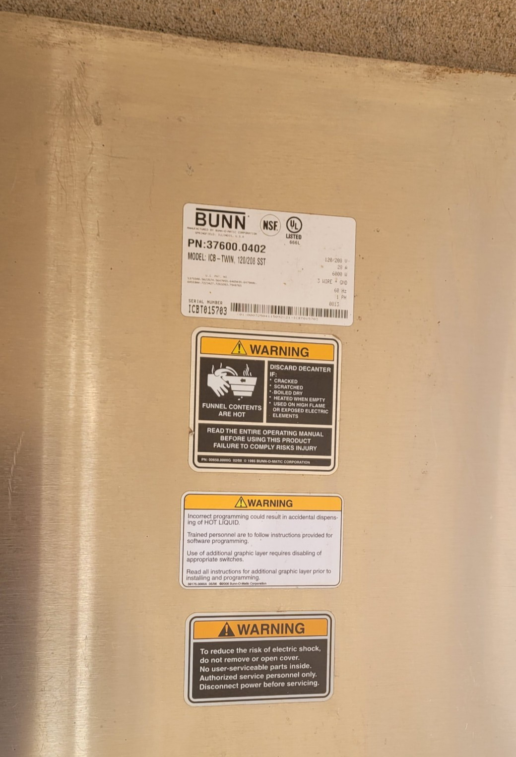 Bunn ICB Twin stainless front panel - part