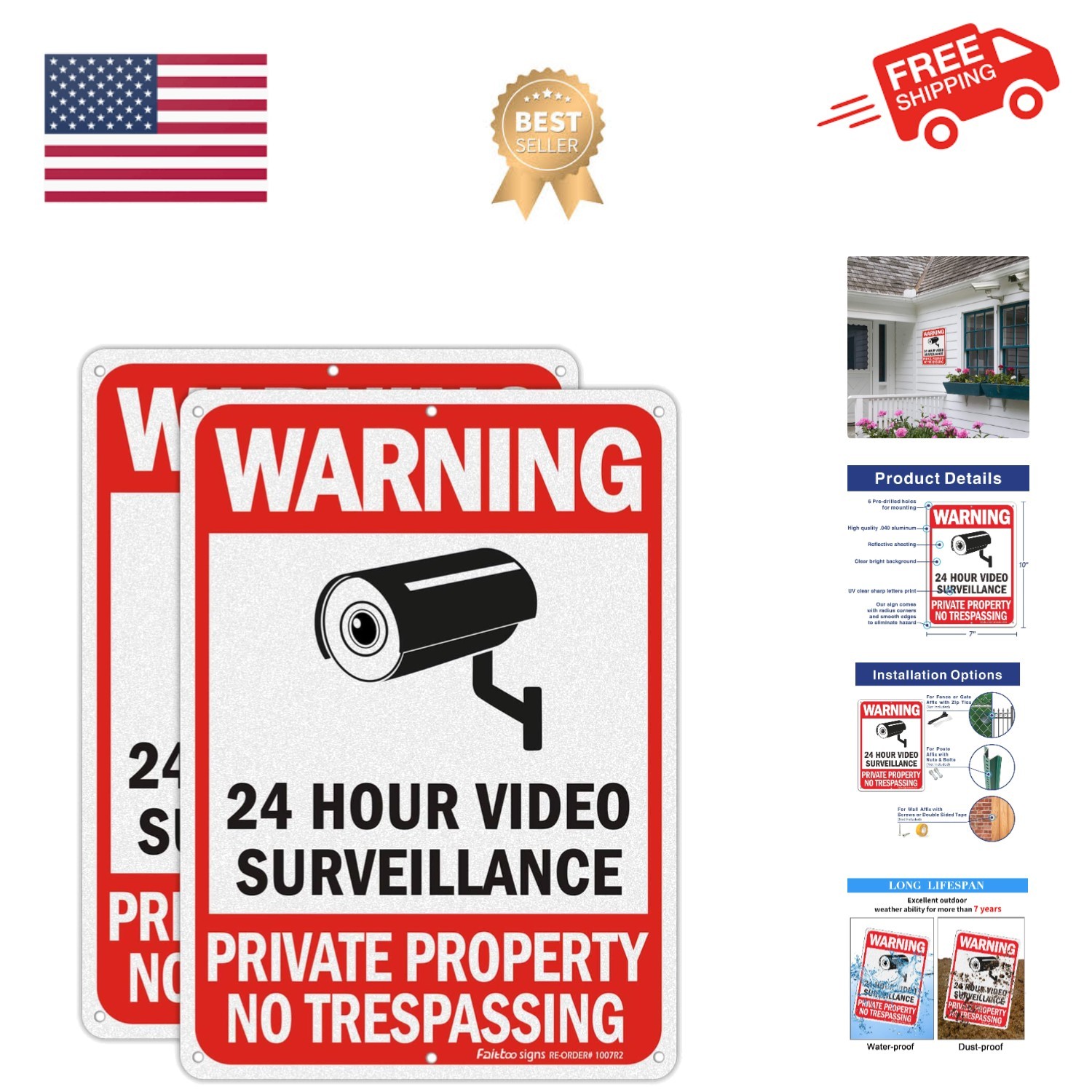 No Trespassing & Warning Signs - 2 Pack 10 x 7 Inch Reflective Aluminum, UV &...