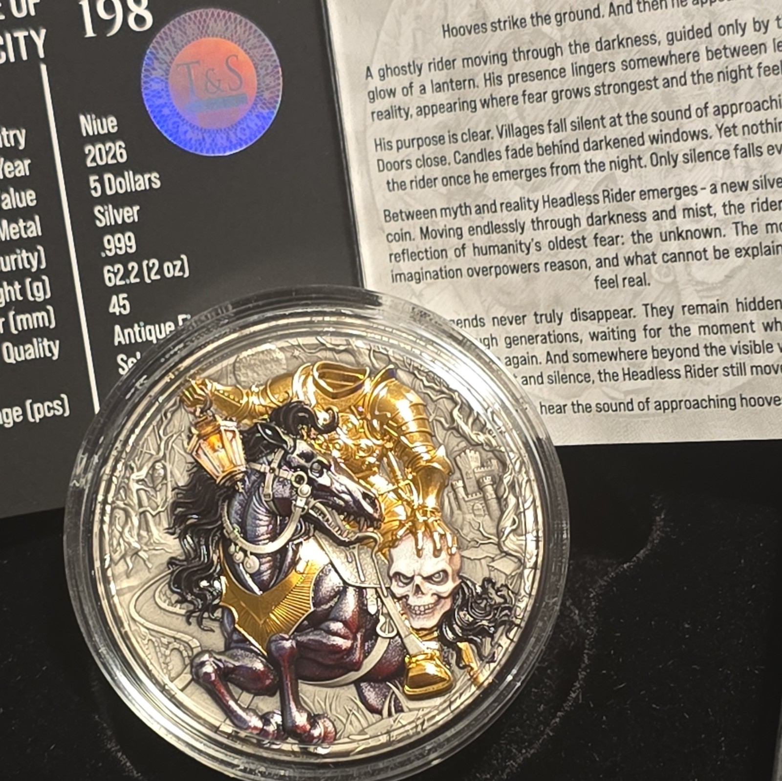 T&S Coin 2026 Niue Headless Rider $5 2 oz .999 Silver Antique Finish