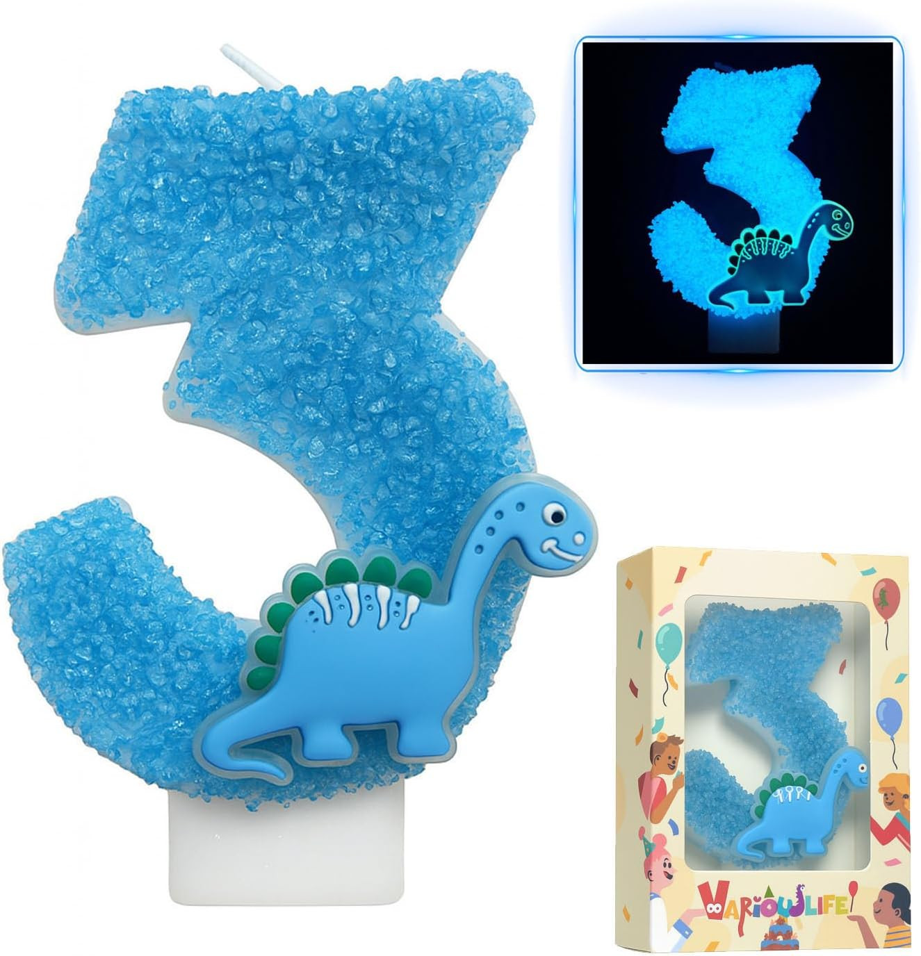 Glow in the Dark Dinosaur Number 3 Birthday Candle – 3.2" Large Blue Glitter Cak