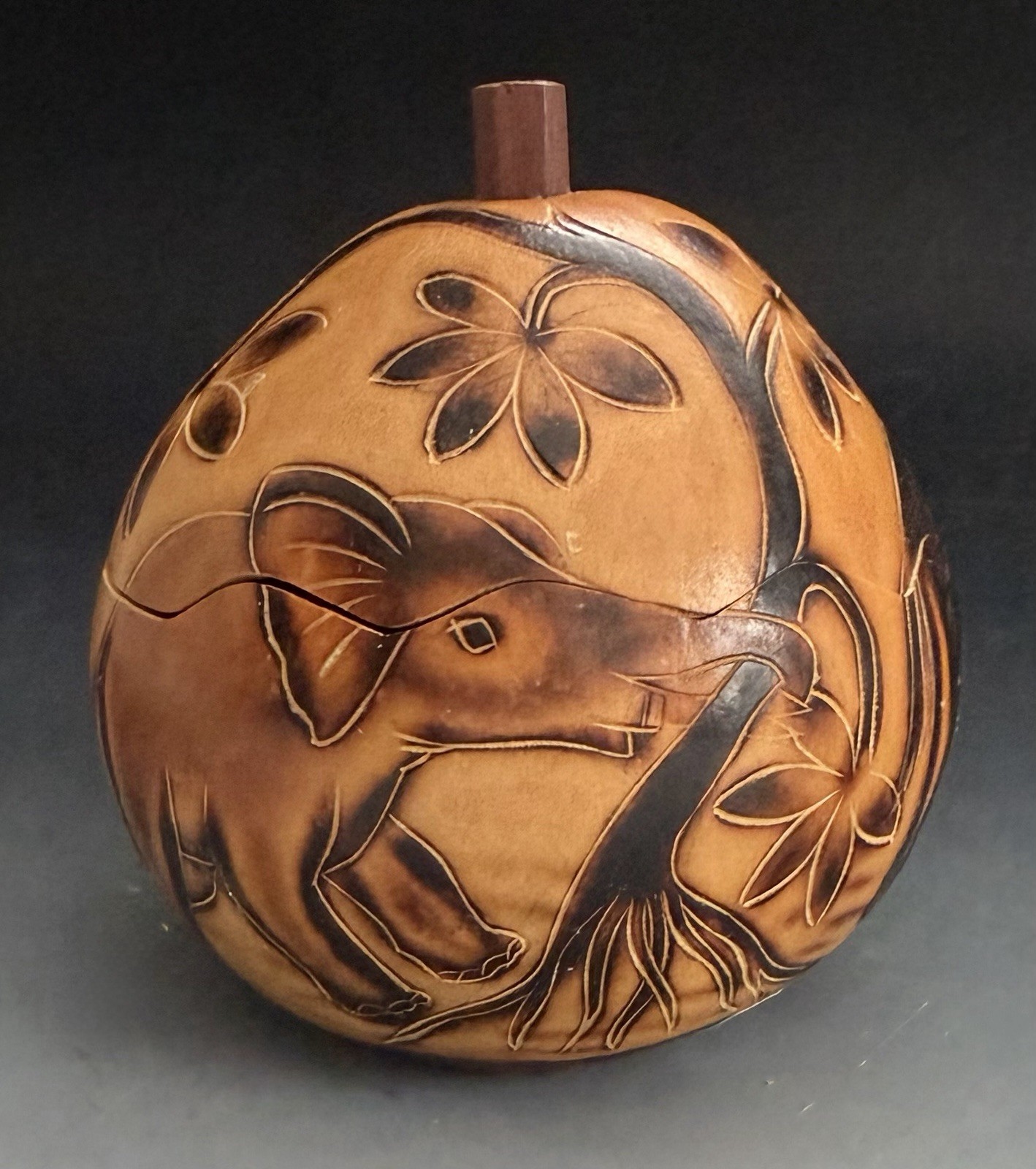 Elephants Gourd Peruvian Peru Folk Art Hand Carved Handmade Good Luck Trees Sun