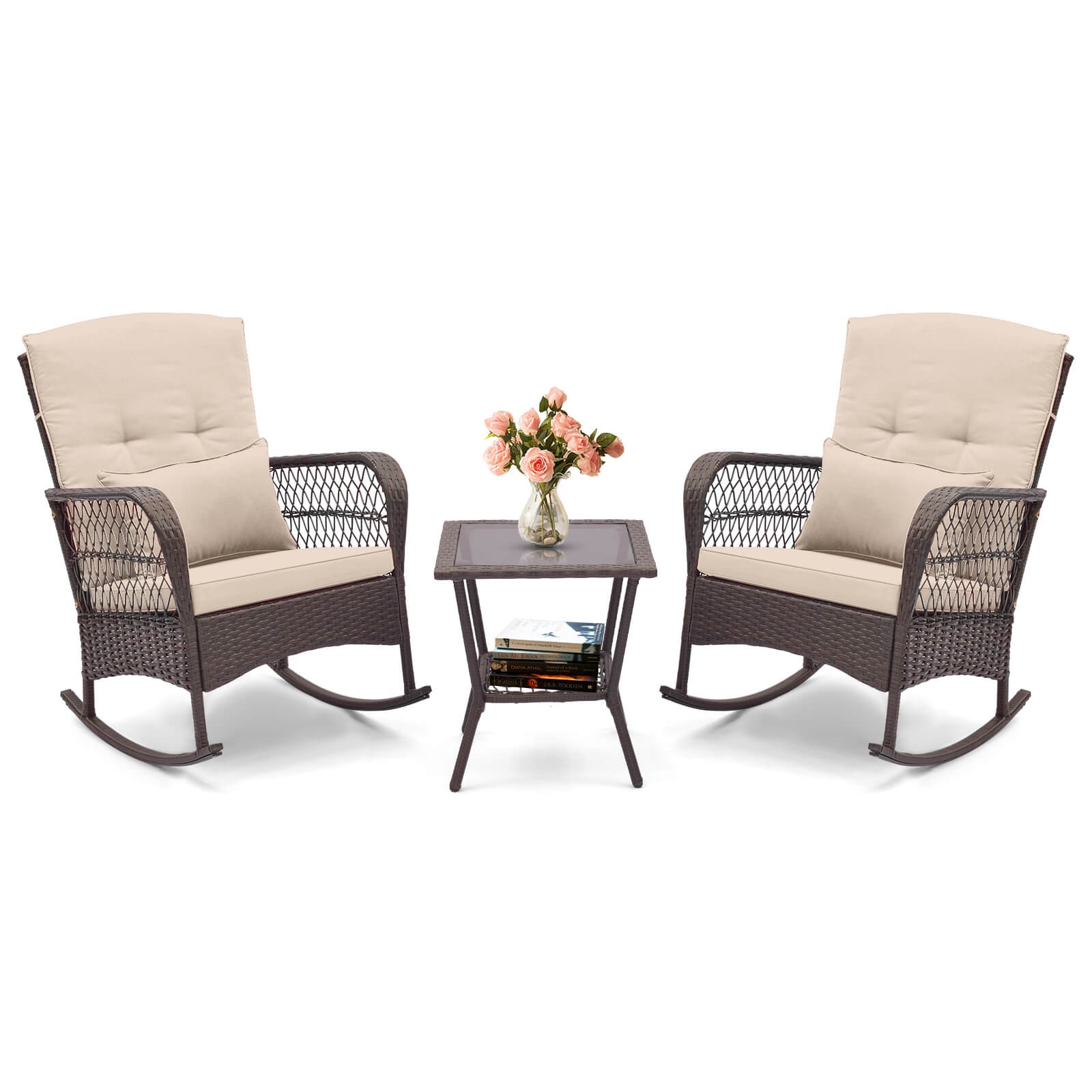 3 PCS Patio Rocker Set Outdoor Wicker Rocking Chairs w/Double-Layer Coffee Table