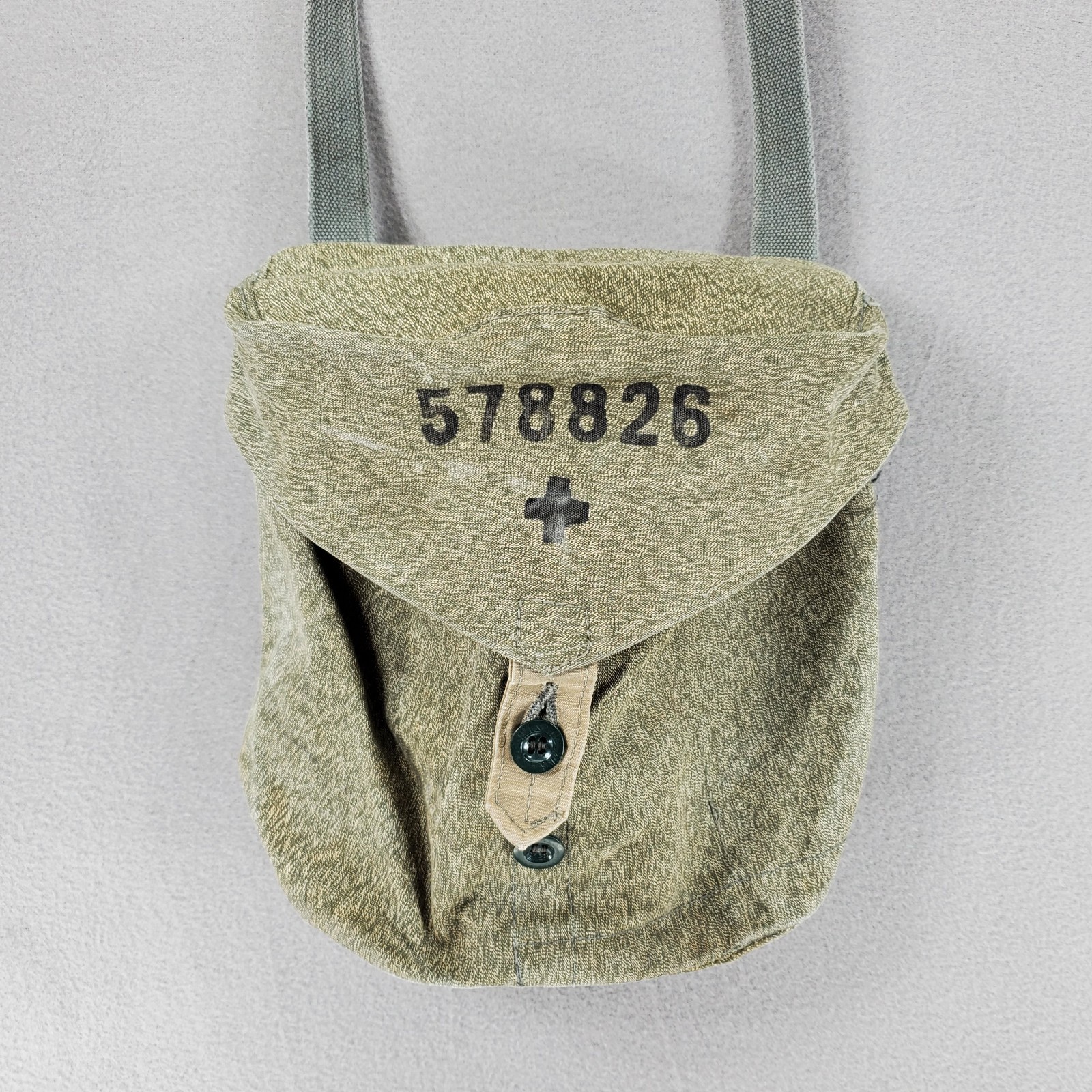 Vintage Swiss Army Green Crossbody Shoulder Bag Medic Gas Mask Button Military