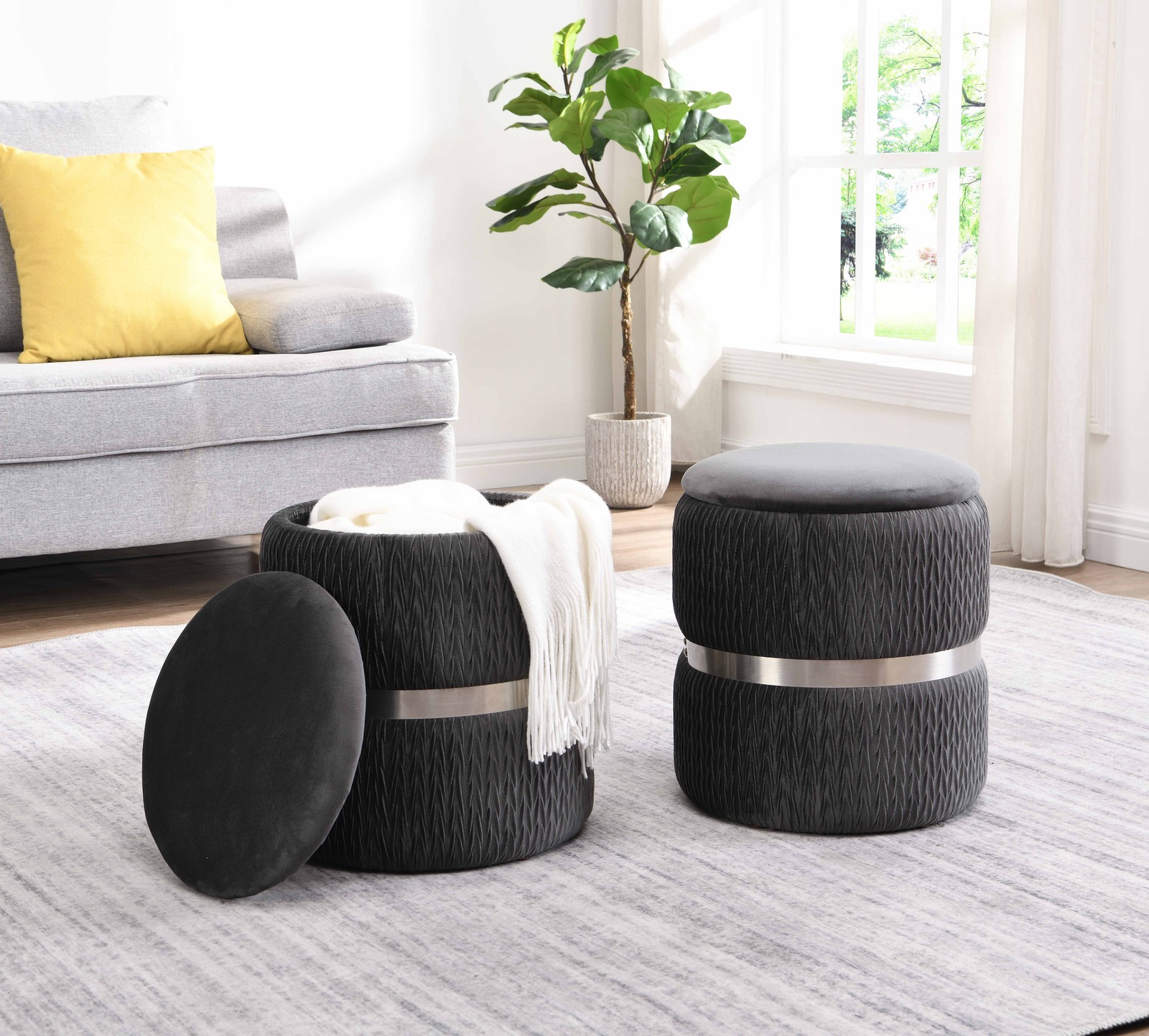 Mobili Modern Velvet Round Ottoman with Storage Grey, Footstool Pouf