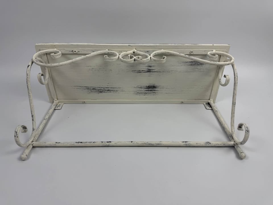 Distressed White Wood & Metal Wall Shelf With Scrollwork Decor