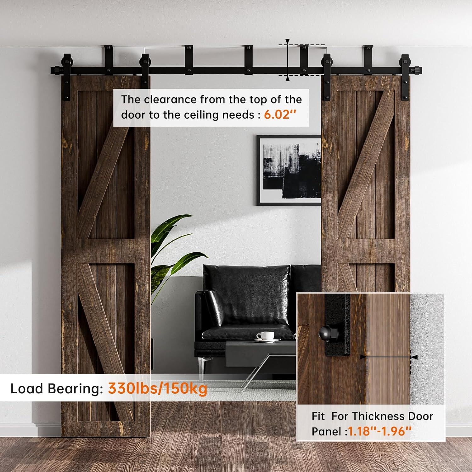 12FT Ceiling Mount Bracket Sliding Barn Door Hardware Kit Black,For Double Door