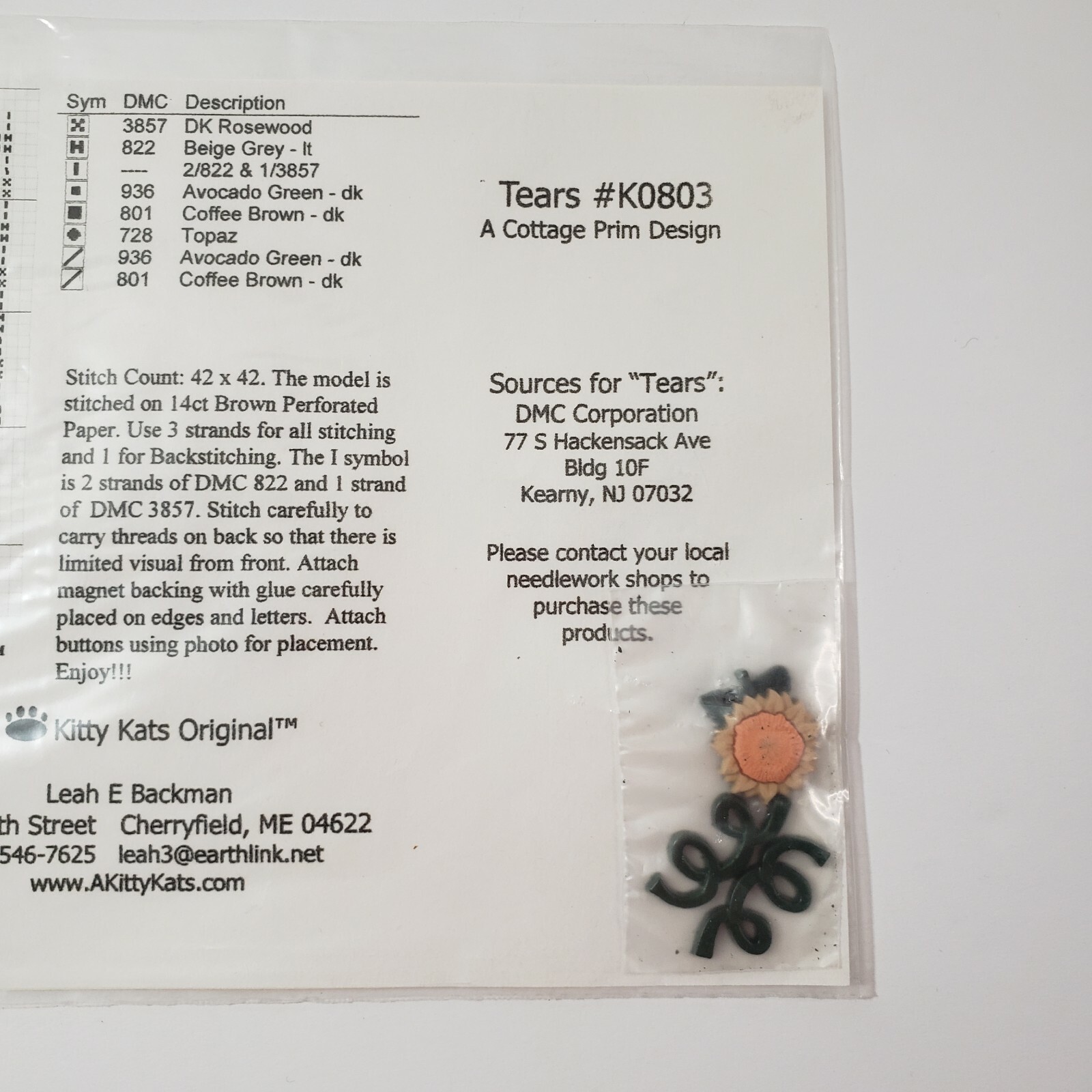 A Kitty Kats Orginal Tears Counted Cross Stitch Pattern Chart W/ Buttons