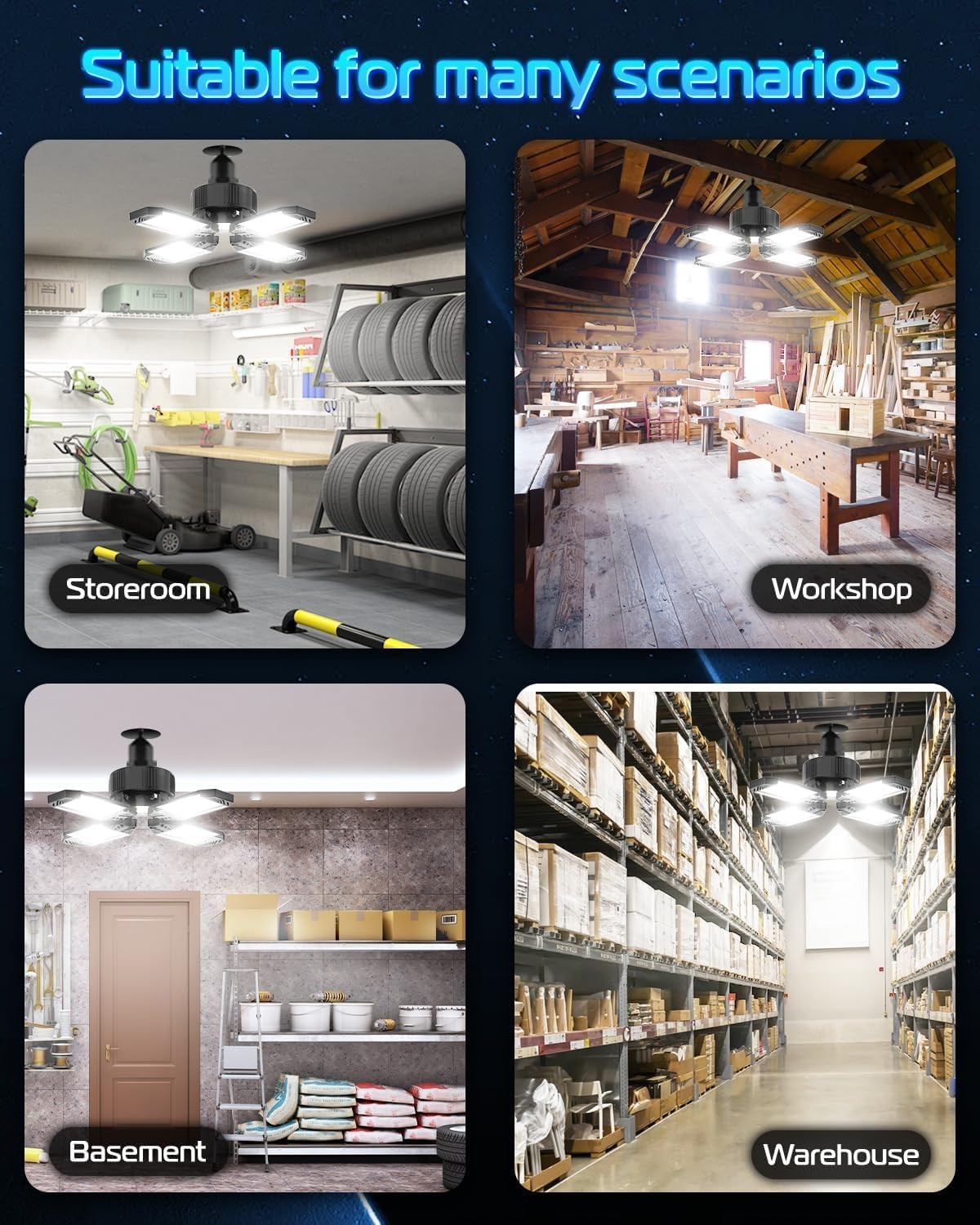 LED Garage Light - 4 Pack 130W 13000LM Deformable 4+1 Panel LED Garage Ceiling L