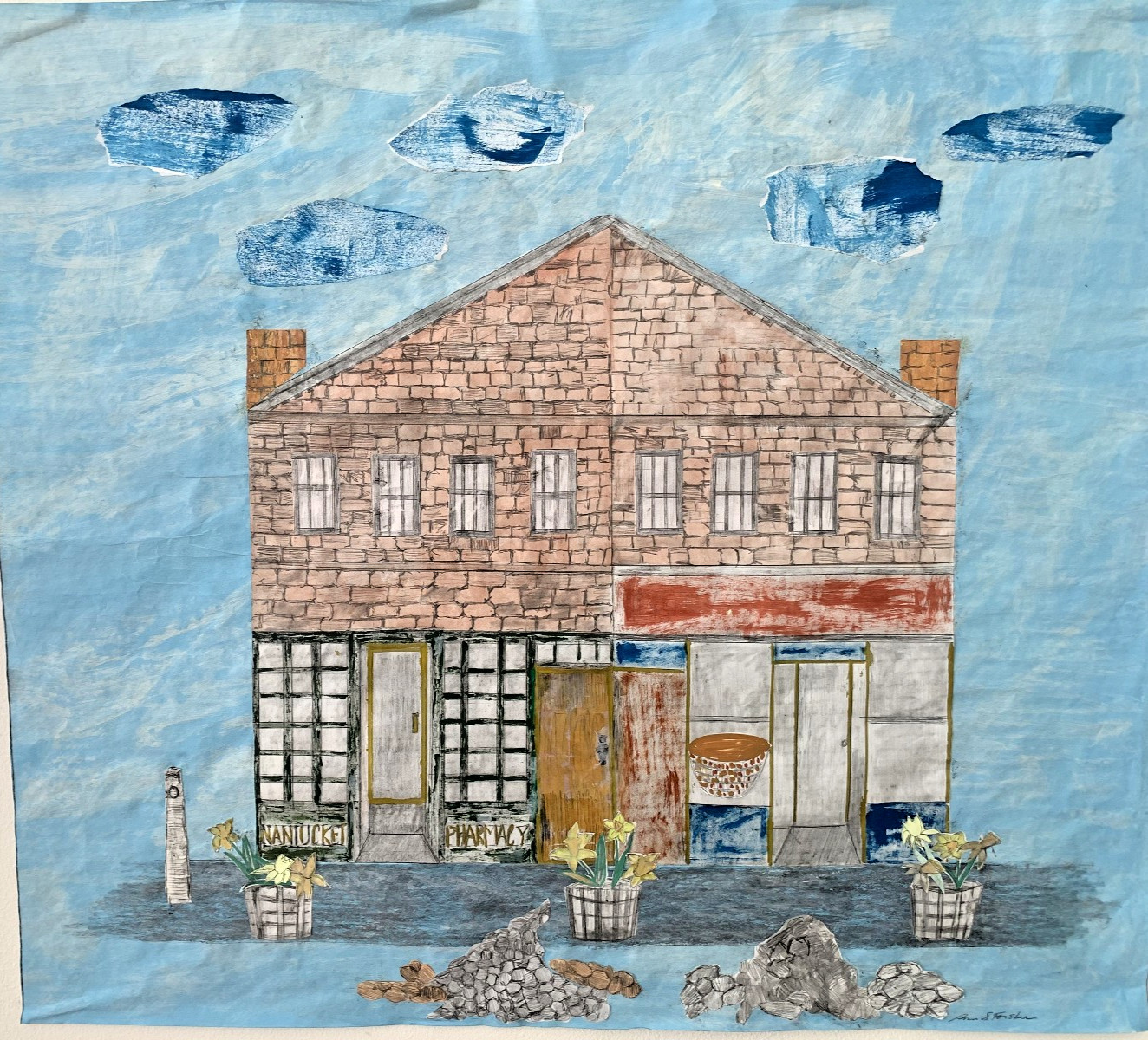 Nantucket Painting Main Street Collage, Pharmacy Island, Painting Folk Art