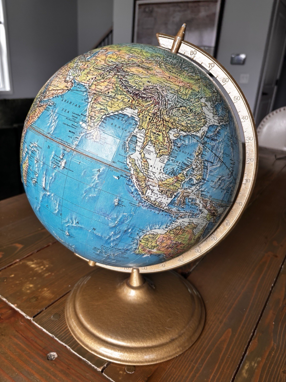 Cram Enviro-Sphere 12" Rotating Tabletop Globe Raised Relief Gold Metal Base