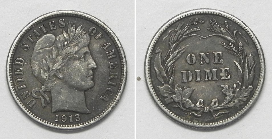 X7161  1913 Barber Dime 10c, XF