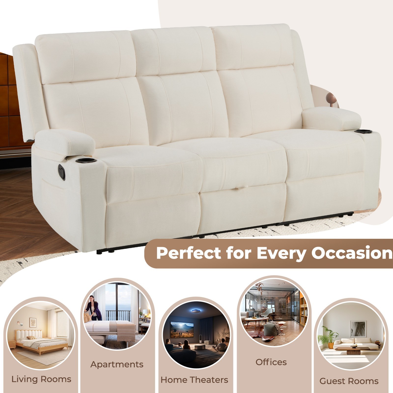 Chenille Reclining Sofa 3-Seater with Convertible Table, Storage Ottoman