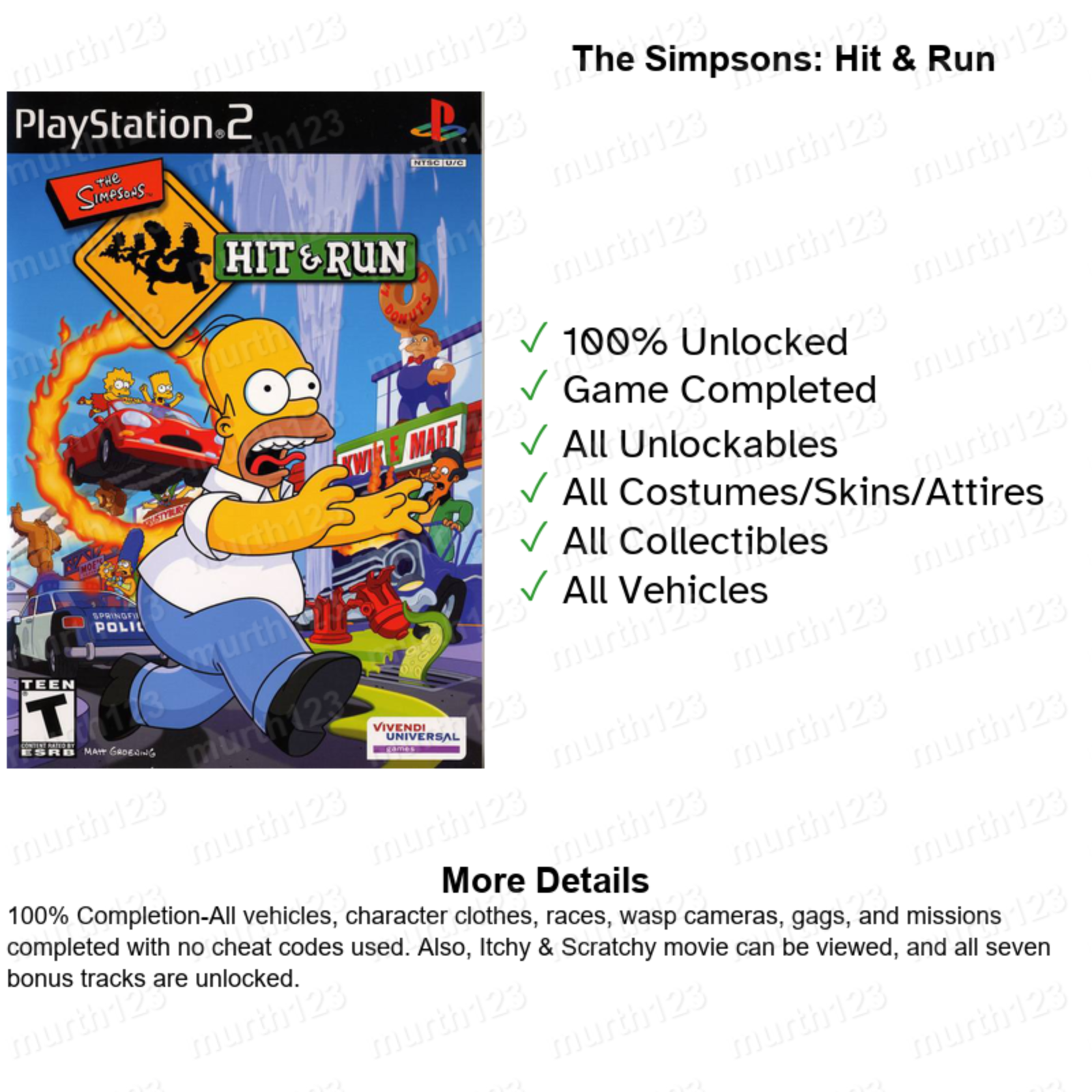The Simpsons Hit & Run PS2 Official Memory Card Unlocked Completed Saves