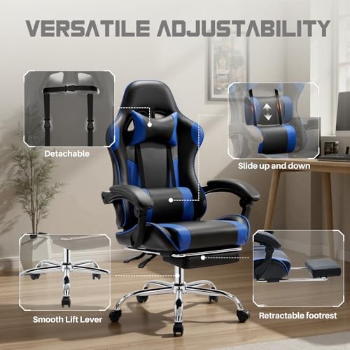 DUMOS Ergonomic Gaming Office Desk PU Leather 27"D x 25"W x 52"H, Deep Blue