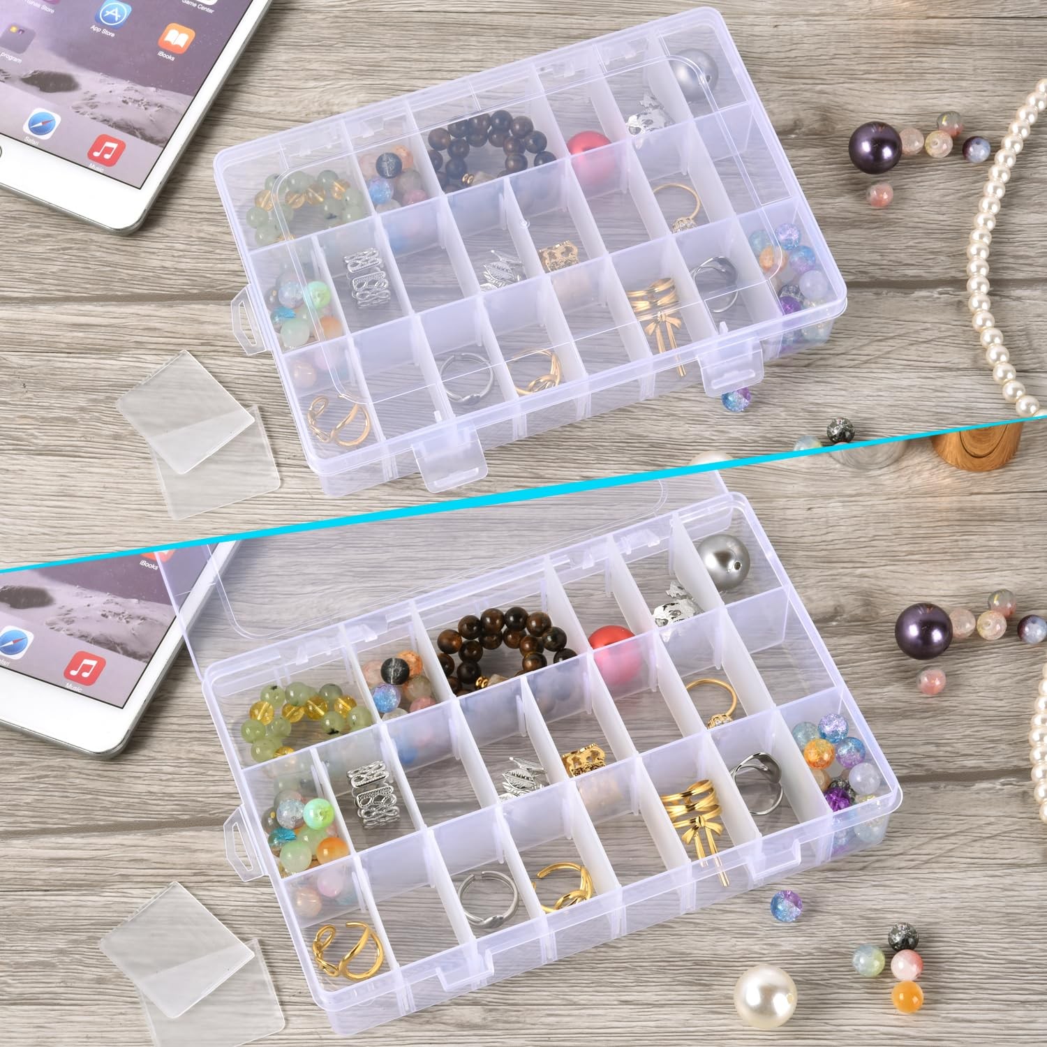 2 Pack 24 Grids Plastic Storage Box Clear Organizing Containers with Adjustab...