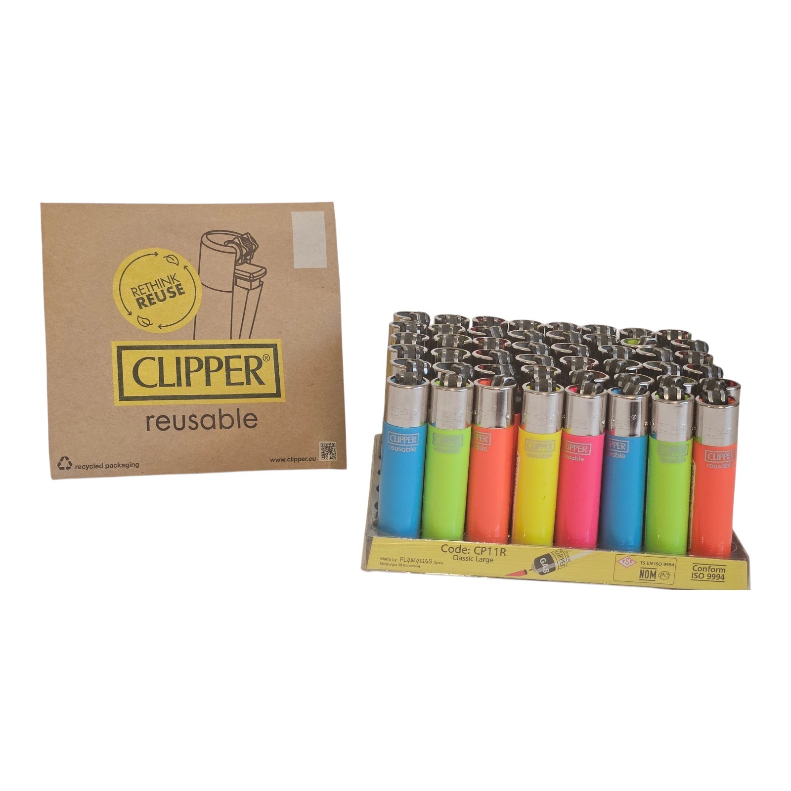 8x Clipper Reusable Lighters Assorted Solid Colors Removable Flint Refillable