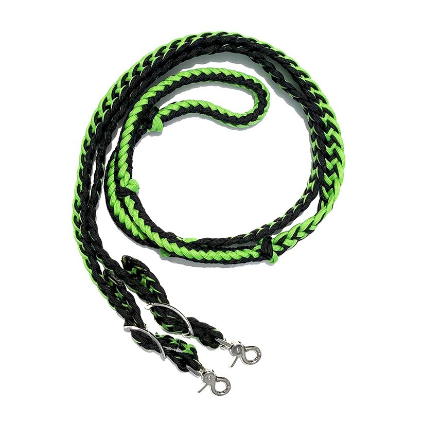 Braided Barrel Reins 8 ft long with 2 Scissor Snaps Black / Lime Green #55020