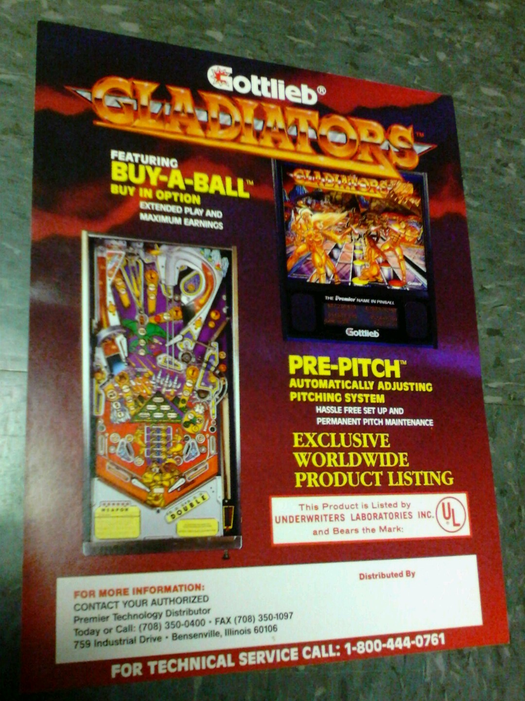 Gottlieb GLADIATORS Pinball flyer- good original