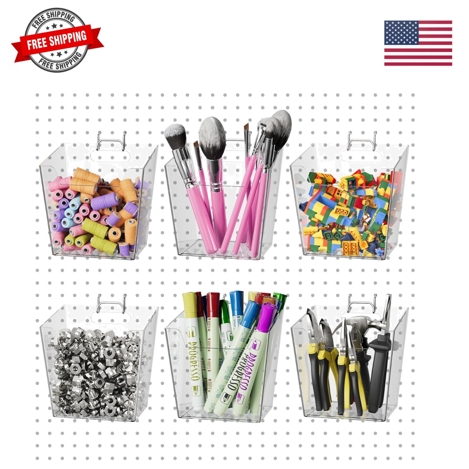 Large Pegboard Cups Peg Board Storage Bin 6 Pack with Hooks, Square Box Shape...