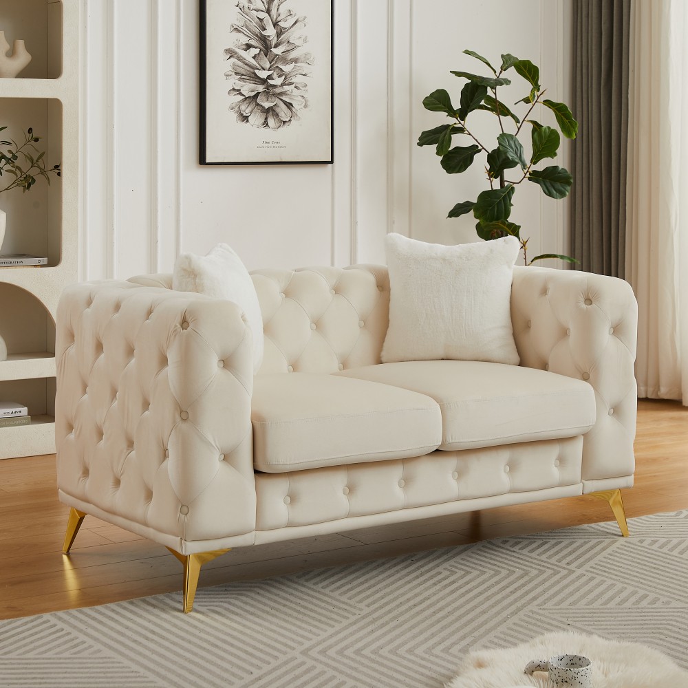 Modern Velvet Chesterfield Sofa w/ Quilted Button Accents & 2 Pillows